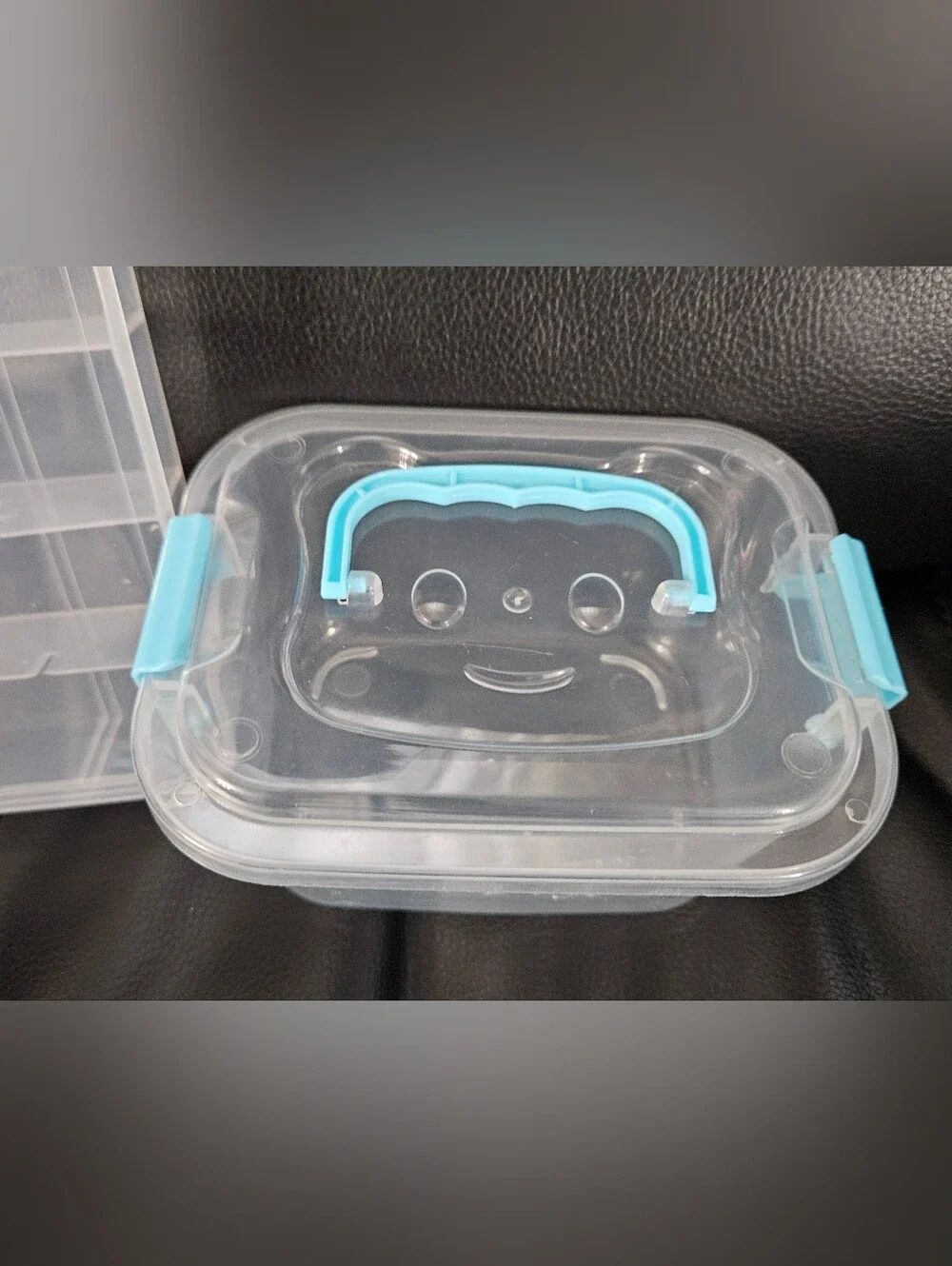 2 Clear Plastic Storage Containers One with Blue Accent Handle